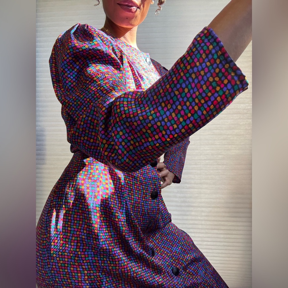 Vintage Adrianna Papell Rainbow Silk Long Sleeve Day Dress